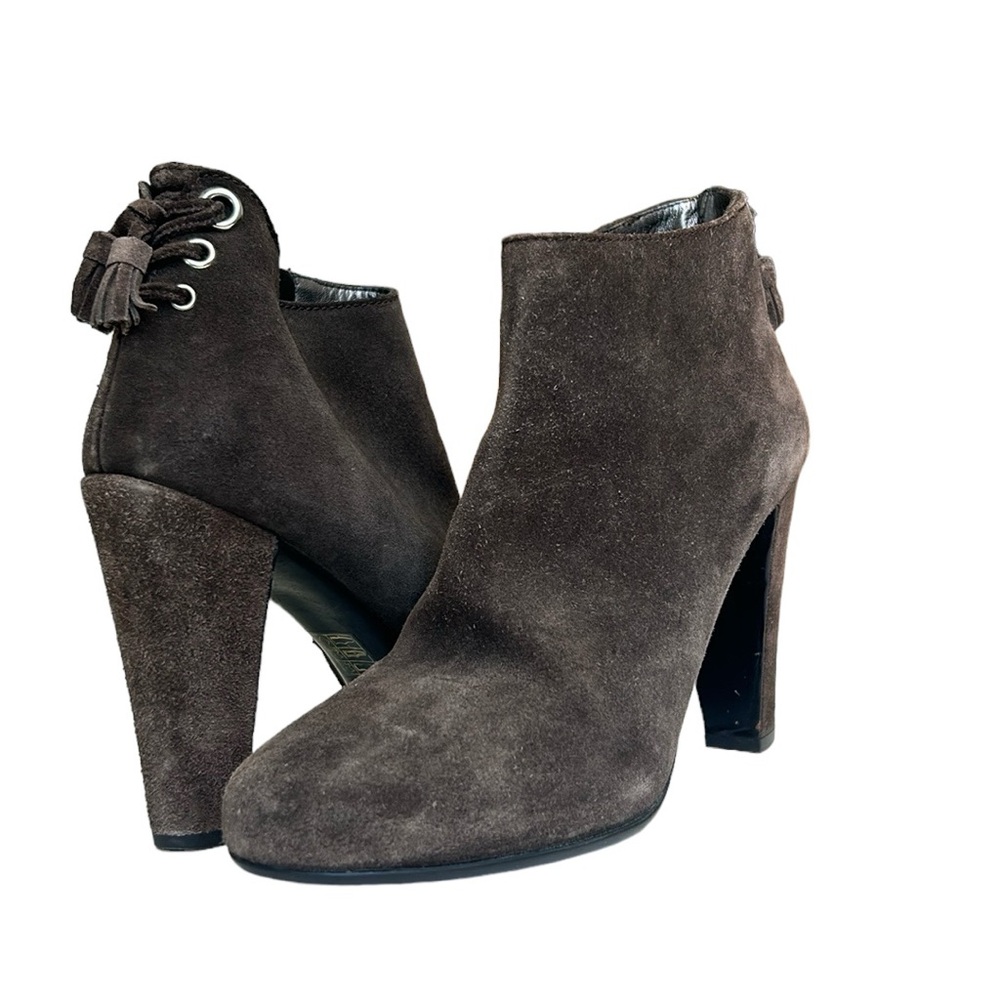 Prada The Original Car Shoe Gray Suede Booties Tassels 39/8-8.5